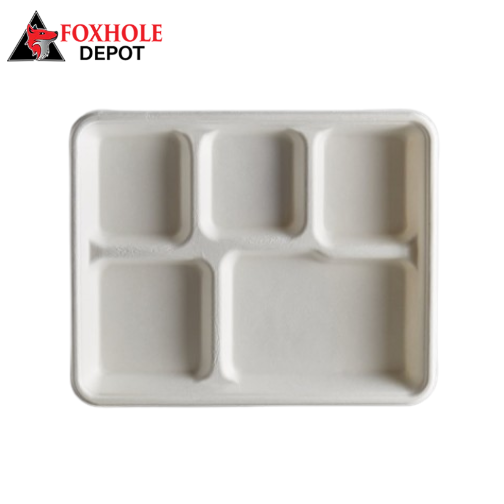 10.25" x 8.25" Biodegradable 5 Compartment Trays Compostable Sugarcane Bagasse Tray - 500/Case