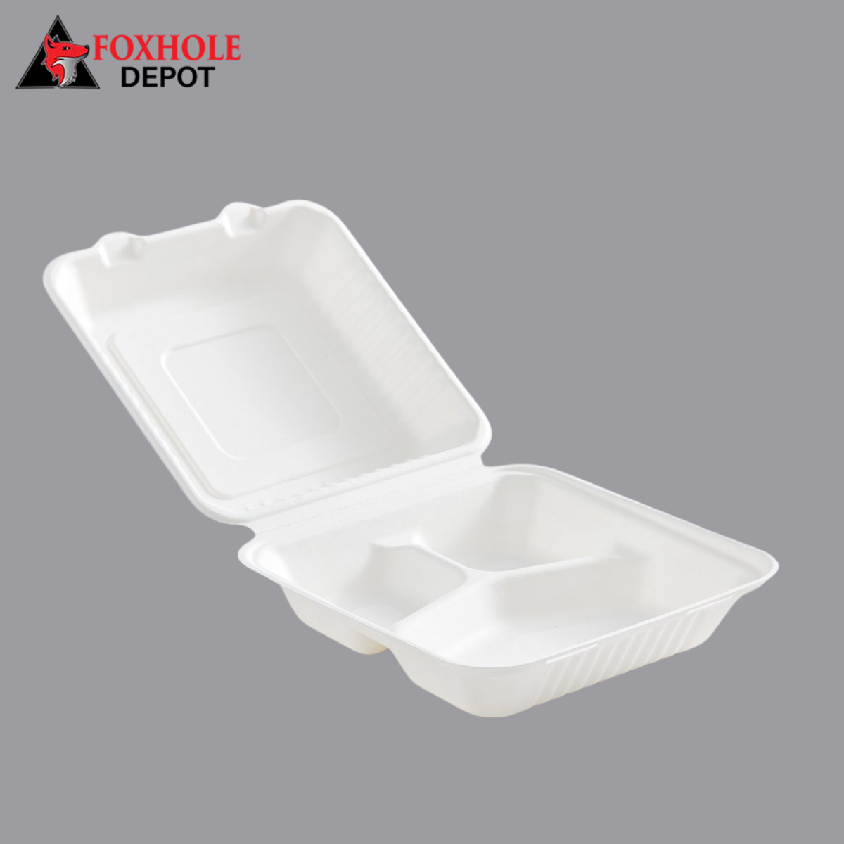 9" x 9" x 3" Hinged-Lid Compostable 3 Compartment Bagasse Food Containers, White - 200/Case