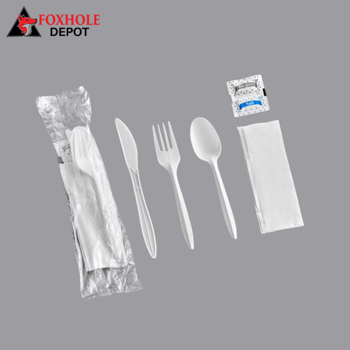 Visions 18" x 15 1/2" Pre-Rolled Linen-Feel White Napkin and Hammersmith Heavy Weight Silver Plastic Cutlery Set - 25/Pack