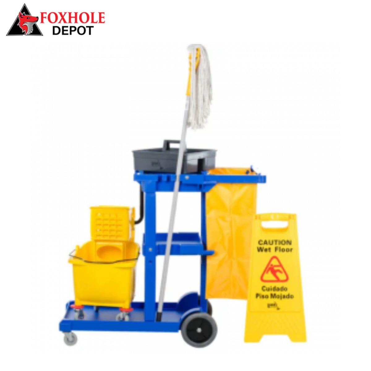 Janitorial Blue Cleaning / Janitor Cart Kit with Yellow Mop Bucket, Wet Floor Sign, Mop, and Caddy