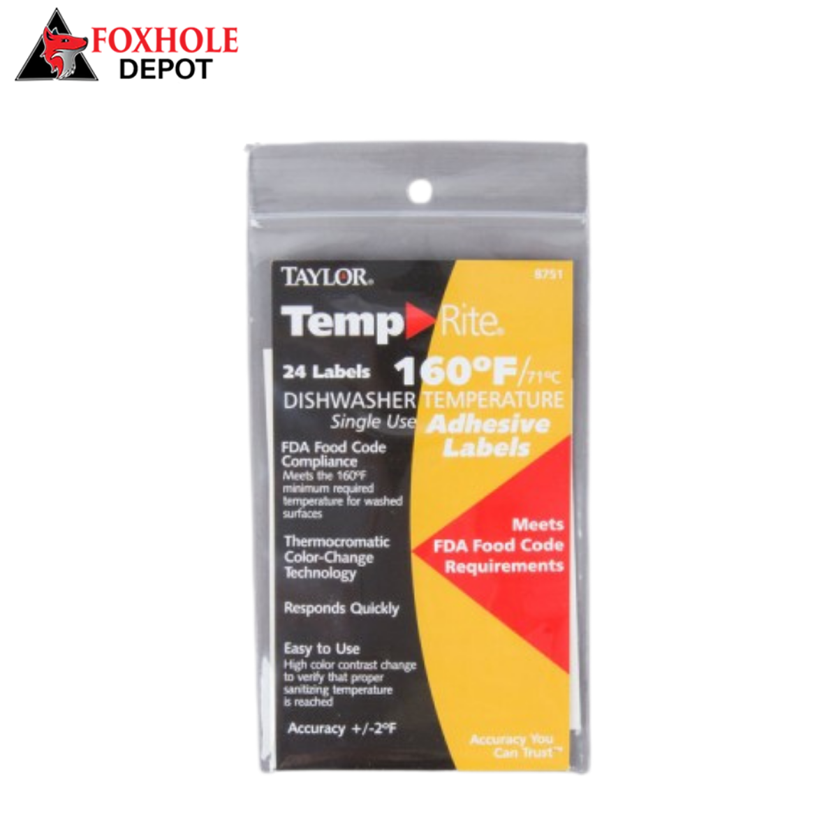 Taylor 8751 TempRite Single Use Dishwasher 160 Degrees F Test Label - 24/Pack