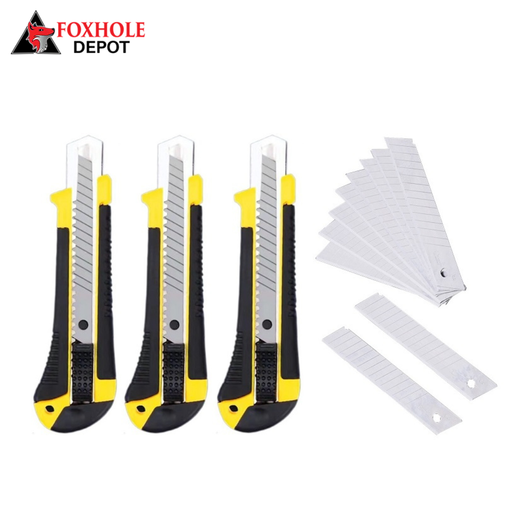 3-Pack Box Cutter Snap-off Utility Knife Retractable Anti-Slip Rubber Handle with 10 Pcs Sharp Blades for Opening Packages Cartons