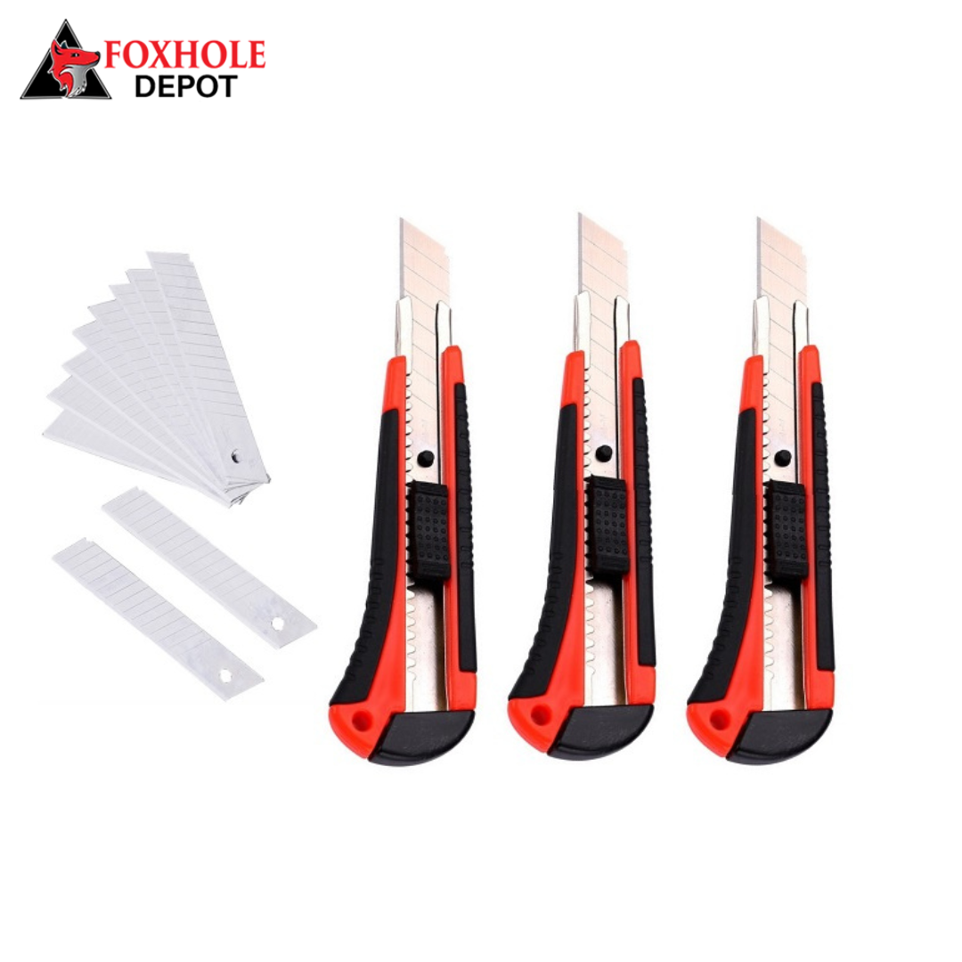 3-Pack Box Cutter Utility Knife Retractable Ultra Sharp Blade Anti-Slip Rubber Handle with 10 Pcs Blades for Office Home use