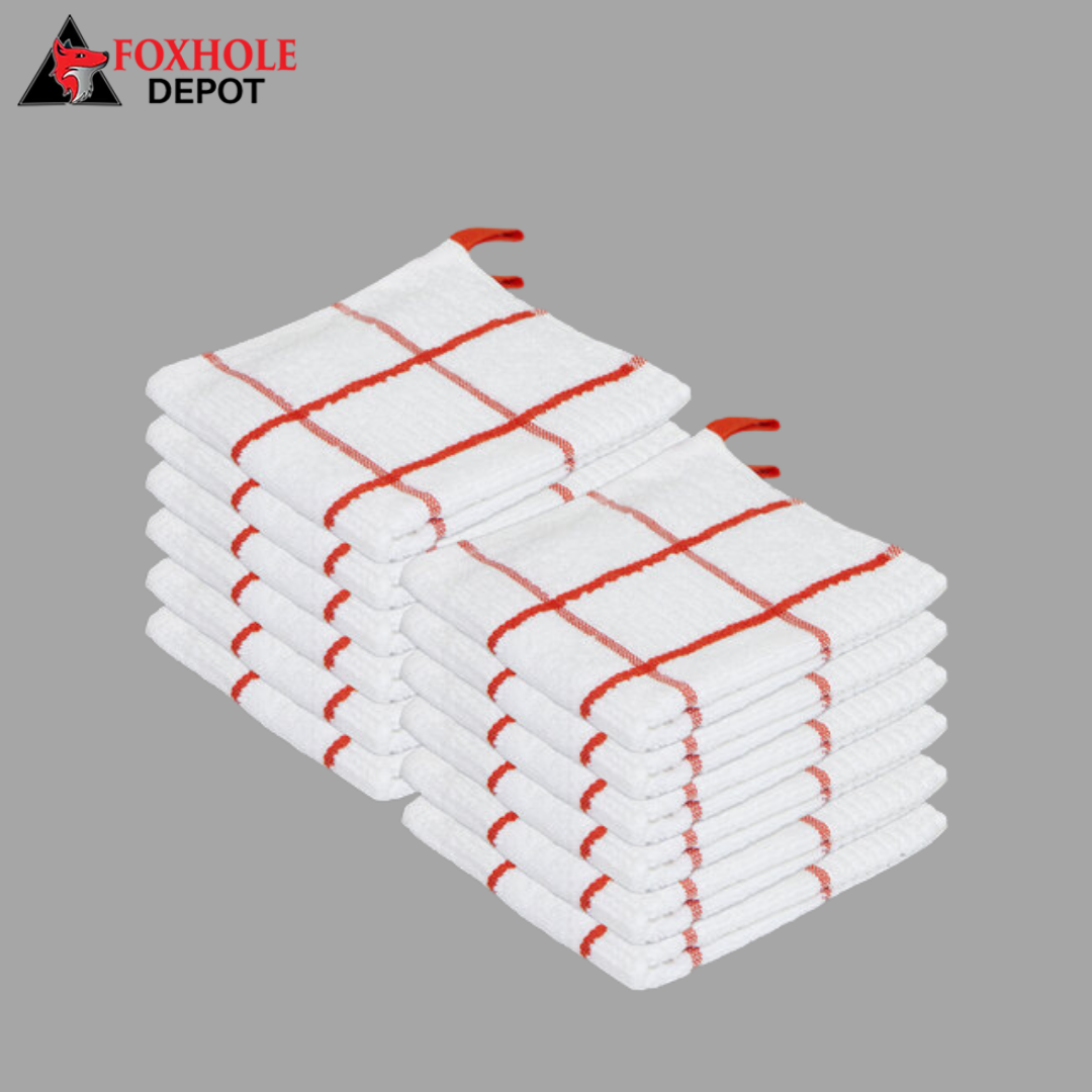 13" x 13" Stripe Pattern 20 oz. Premier 100% Cotton Terry Dish Cloth with Hanging Loop - 12/Pack - Red