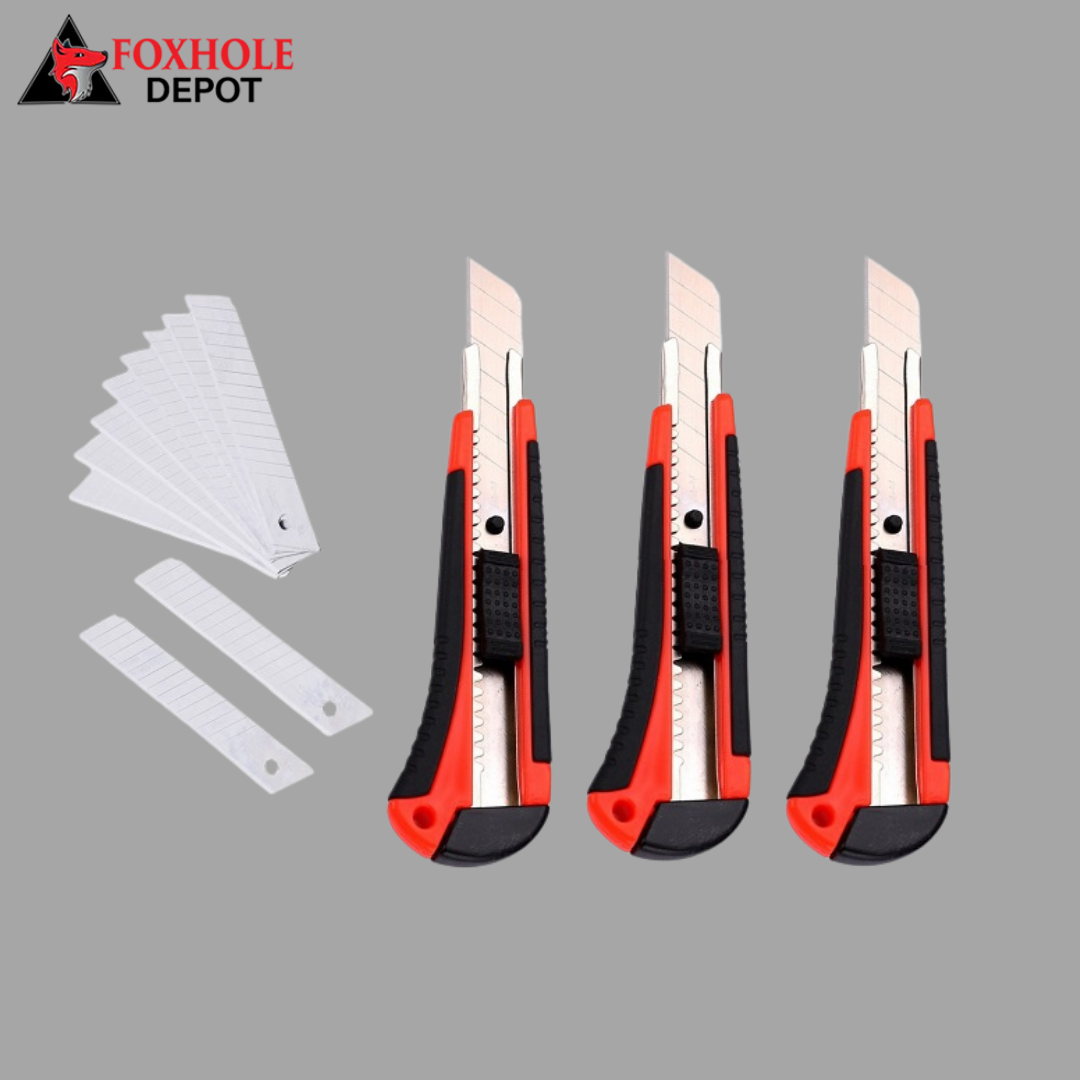 3-Pack Box Cutter Utility Knife Retractable Ultra Sharp Blade Anti-Slip Rubber Handle with 10 Pcs Blades for Office Home use - Red/Black