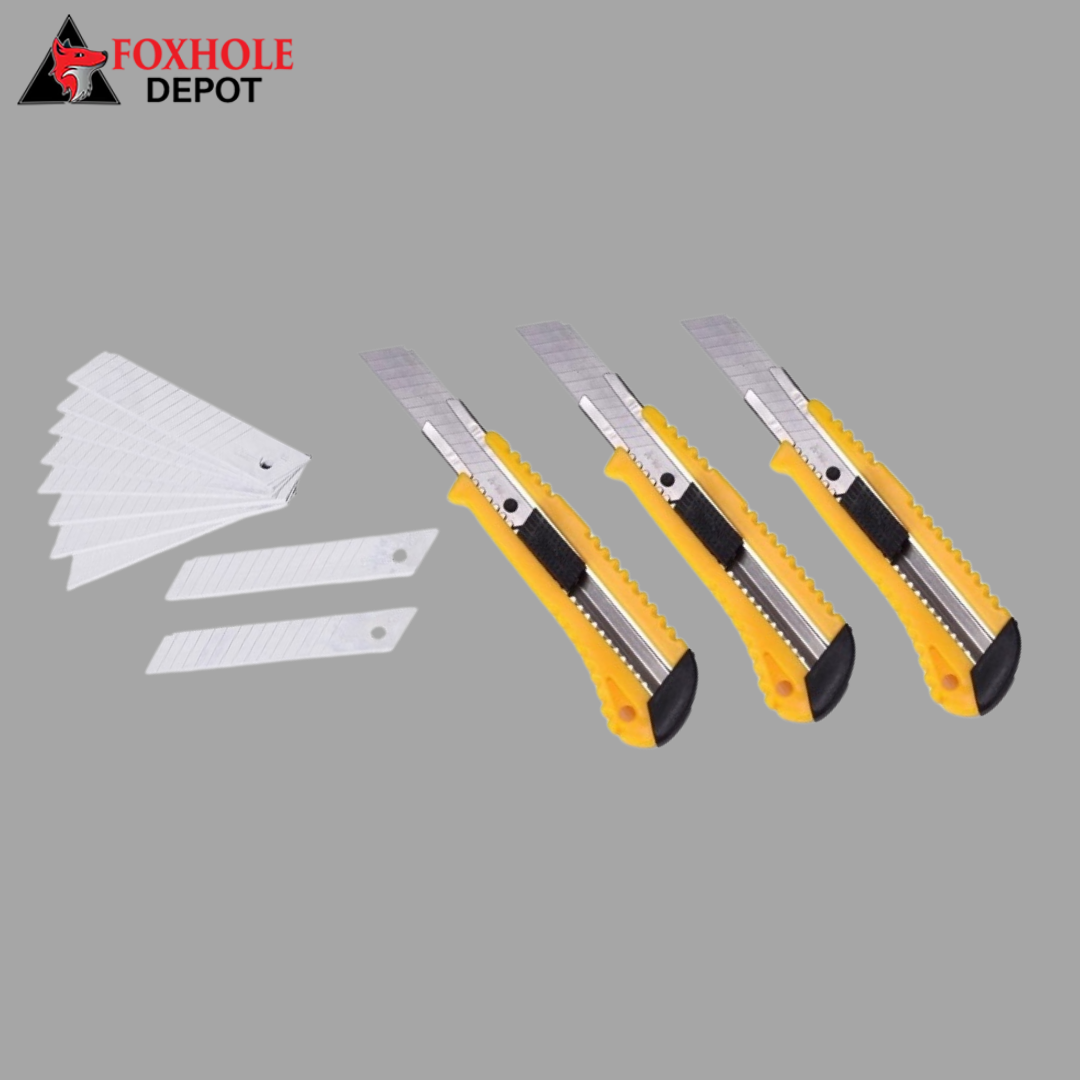 3-Pack Box Cutter Utility Knife Retractable Ultra Sharp Blade Anti-Slip Rubber Handle with 10 Pcs Blades for Office Home use - Yellow/Black