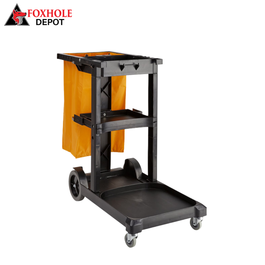 Janitorial Cleaning Cart / Janitor Cart with 3 Shelves and Vinyl Bag - Black