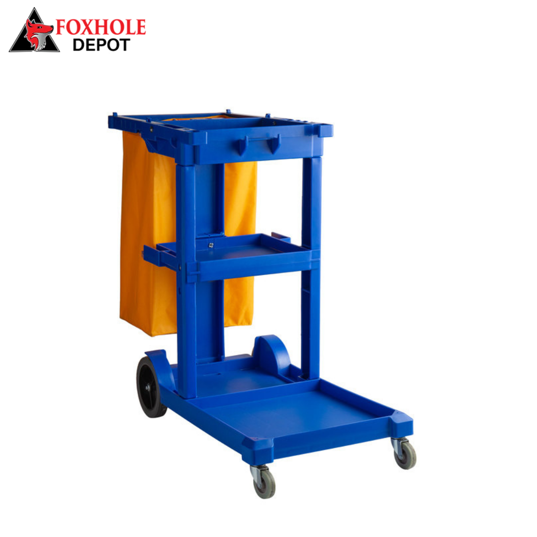 Janitorial Cleaning Cart / Janitor Cart with 3 Shelves and Vinyl Bag - Blue